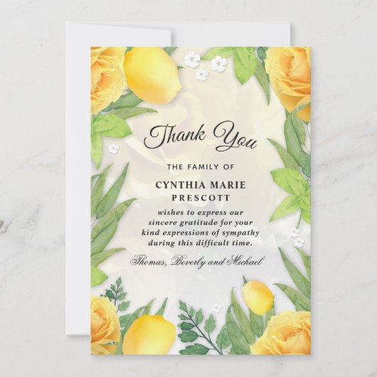 イエローローズガーデングリーンフローラ悔やみや弔慰サンキュー 招待状 (正面)