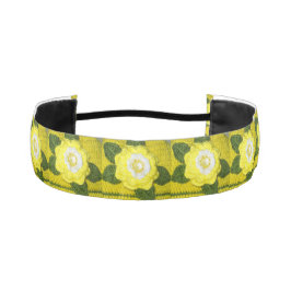 イエローローズグリーンユニークフローラクロシェプリントオン アスレチックヘッドバンド