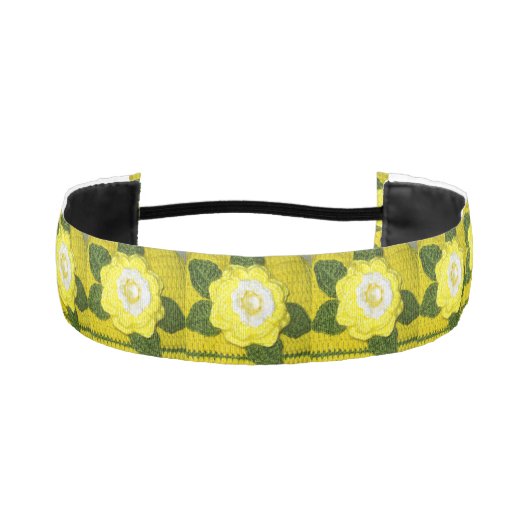 イエローローズグリーンユニークフローラクロシェプリントオン アスレチックヘッドバンド (正面)