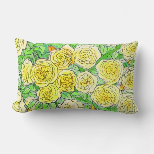 イエローローズグリーン葉バラガーデンフローラアート ランバークッション (正面)
