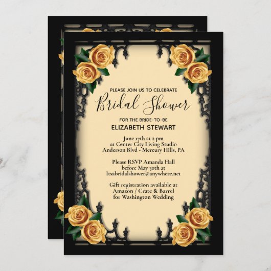 イエローローズゴシックブライダルシャワーイエロー 招待状 (正面/裏面)