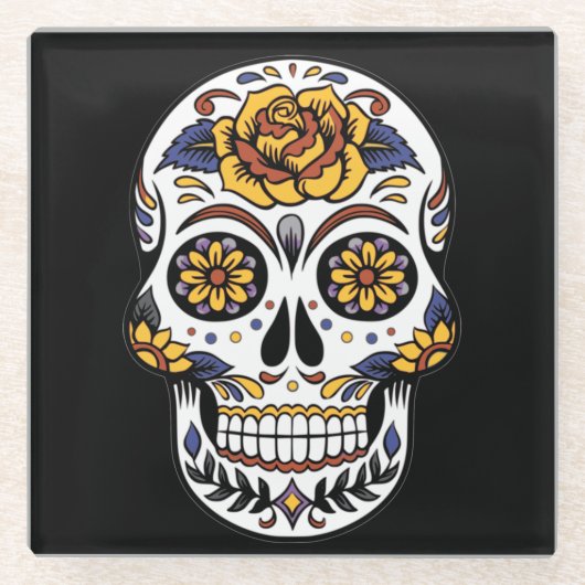 イエローローズシュガースカルオンブラック ガラスコースター (正面)
