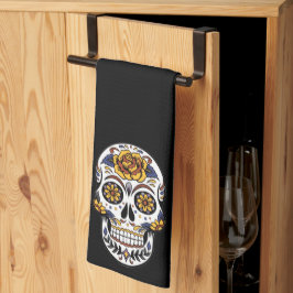 イエローローズシュガースカルオンブラック キッチンタオル