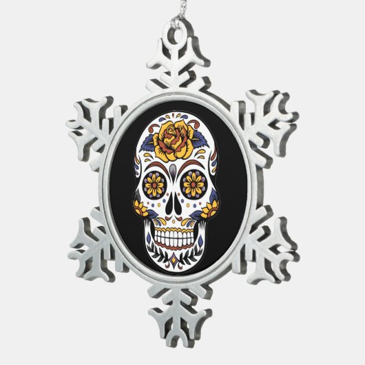 イエローローズシュガースカルオンブラック スノーフレークピューターオーナメント (右)