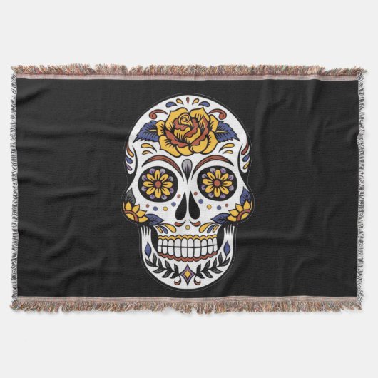 イエローローズシュガースカルオンブラック スローブランケット (正面)