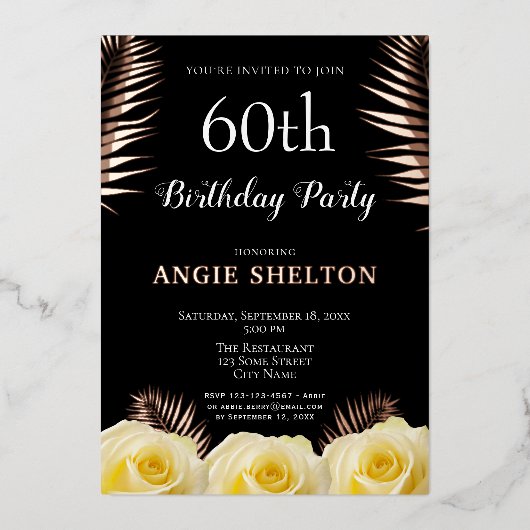 イエローローズトロピカ葉ルズ60th誕生日金ゴールド 箔招待状 (正面)