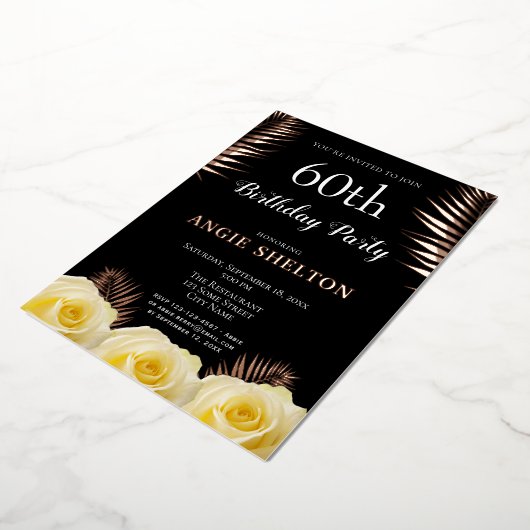 イエローローズトロピカ葉ルズ60th誕生日金ゴールド 箔招待状 (回転した状態)