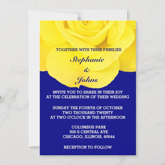 イエローローズネイビーブルーフローラホワイト結婚ズ マグネット招待状 (正面)