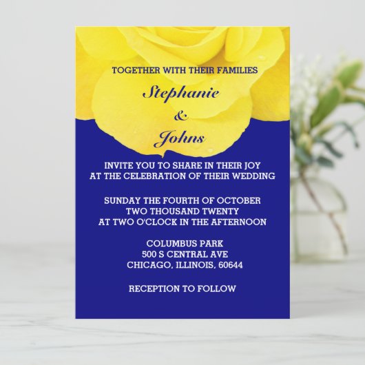 イエローローズネイビーブルーフローラホワイト結婚ズ 招待状 (スタンド正面)