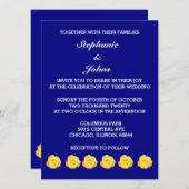 イエローローズネイビーブルー結婚フローラズかわいらしブライト 招待状 (正面/裏面)