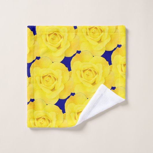 イエローローズネービーブルー金ゴールドフローラフラワーパターン バスタオルセット (ウォッシュタオル)