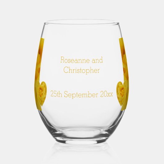 イエローローズハート結婚デザイン ステムなしワイングラス (正面)