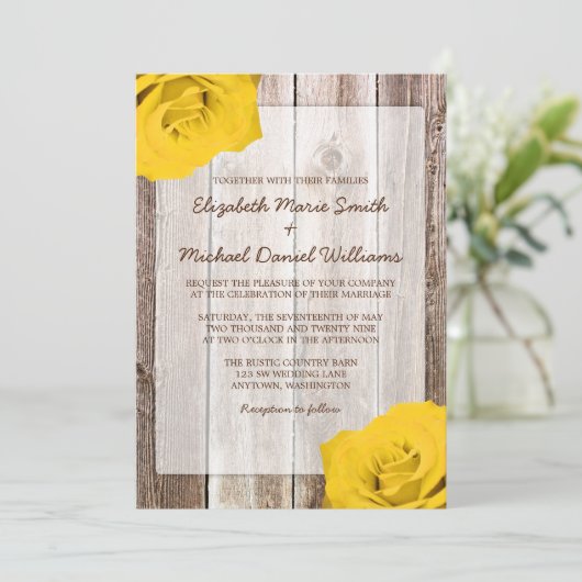 イエローローズバーンウッ素朴ド結婚式招待状 招待状 (スタンド正面)