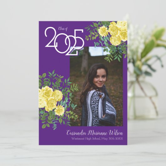 イエローローズパープル写真卒業発表 招待状 (スタンド正面)