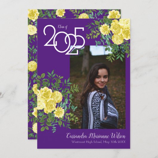 イエローローズパープル写真卒業発表 招待状 (正面/裏面)