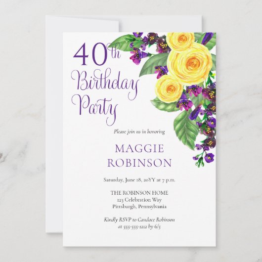 イエローローズビオレットフローラ40th結婚の誕生日 招待状 (正面)