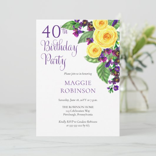 イエローローズビオレットフローラ40th結婚の誕生日 招待状 (スタンド正面)