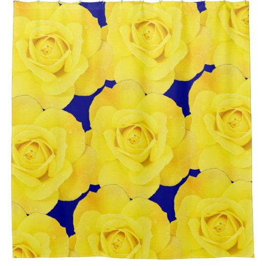 イエローローズフラワーズ金ゴールドフローラルパターンネービーブルー シャワーカーテン (正面)