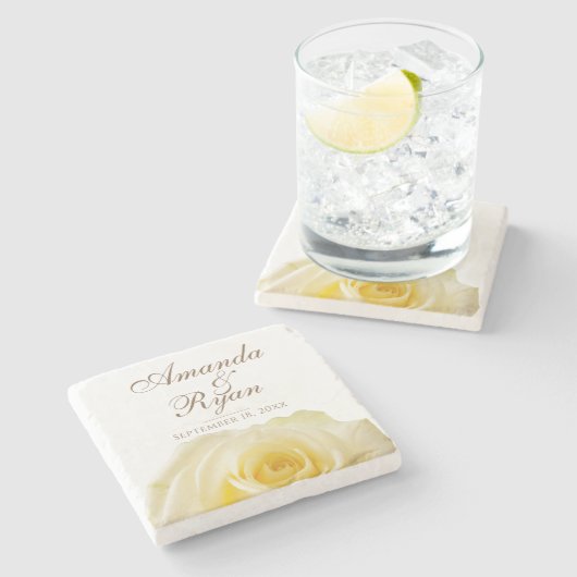 イエローローズフラワーフローラ新婦結婚のデート ストーンコースター (横)