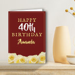 イエローローズフラワーフローラ40thバースデーカード カード<br><div class="desc">黄色バラ花フローラ40th誕生日カード。美しい黄色のバラ。背景は濃い赤。文字は白と黄色の色で、簡単にカスタマイズ可能でカスタマイズす。名前や年齢や文字が入ったり、消したりすることができる。彼女の節目の誕生日祝である女性に最適。</div>