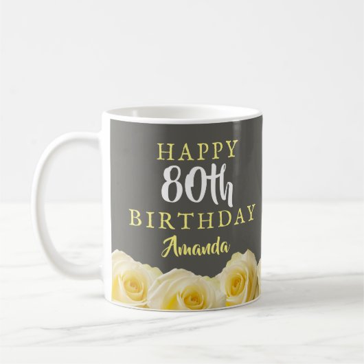 イエローローズフラワーフローラ80誕生日 コーヒーマグカップ (左)