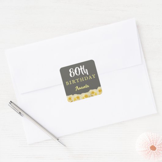 イエローローズフラワーフローラ80誕生日 スクエアシール (封筒)