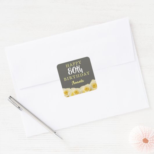 イエローローズフラワーフローラ80誕生日 スクエアシール (封筒)