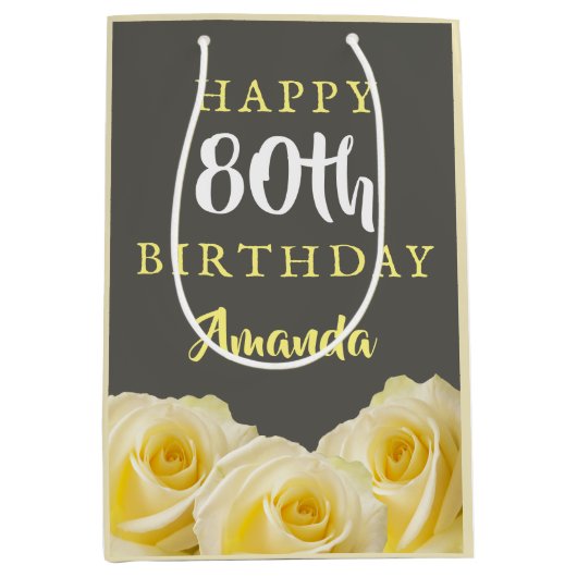 イエローローズフラワーフローラ80誕生日 ミディアムペーパーバッグ (正面)