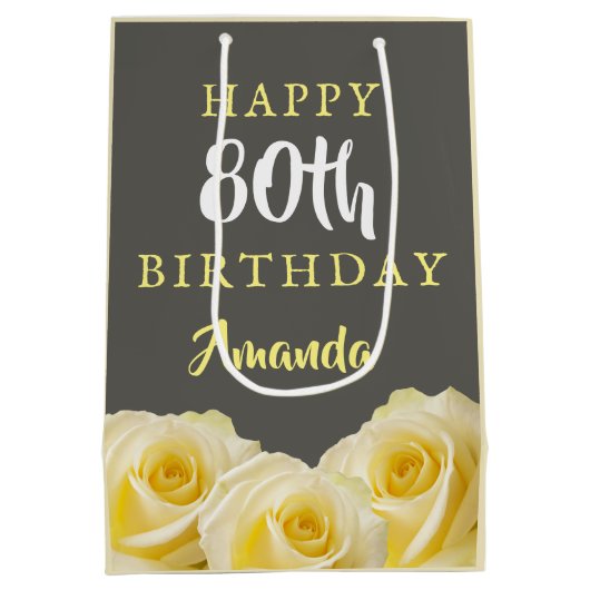 イエローローズフラワーフローラ80誕生日 ミディアムペーパーバッグ (裏面)