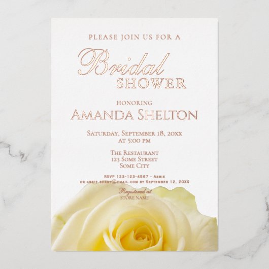 イエローローズフローラブライダルシャワー金ゴールドバラ 箔招待状 (正面)