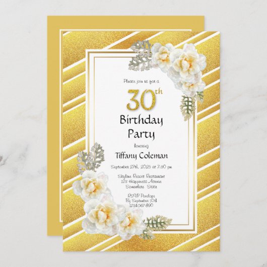 イエローローズフローラ縁ど金ゴールド30歳の誕生日 招待状 (正面/裏面)