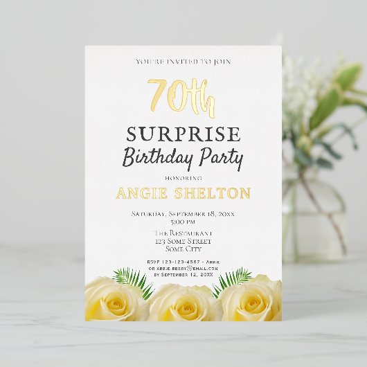 イエローローズフローラ70thサプライズ誕生日パーティー 箔招待状 (立ち正面)