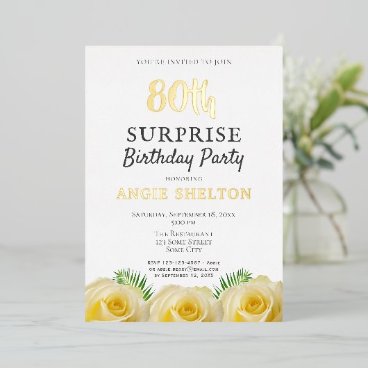 イエローローズフローラ80thサプライズ誕生日パーティー 箔招待状 (立ち正面)
