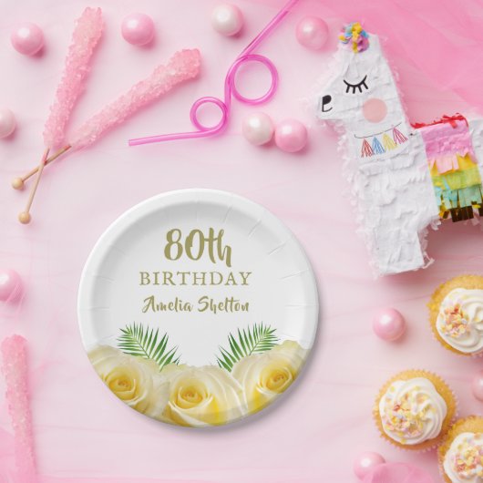 イエローローズフローラ80thバースデーパーティー ペーパープレート (パーティー)