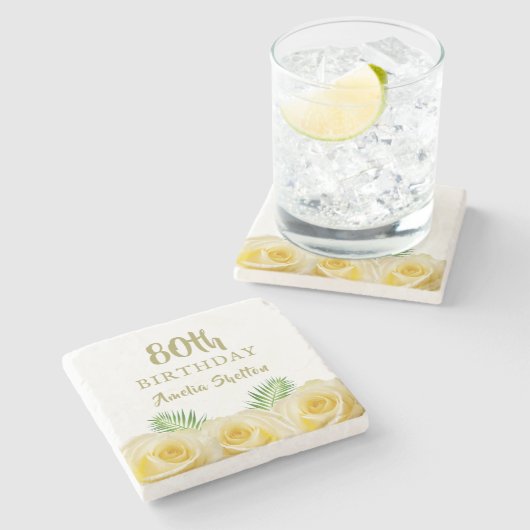 イエローローズフローラ80th誕生日 ストーンコースター (横)