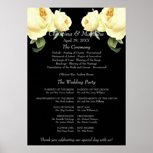 イエローローズブラックヴィンテージ結婚式プログラム ポスター (正面)