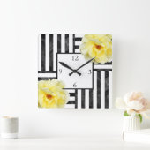 イエローローズブラック&ホワイトストライプズ スクエア壁時計 (ホーム)
