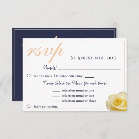 イエローローズブルー結婚のメニュー選択RSVPカード 出欠カード (正面/裏面)