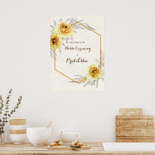 イエローローズ幾何パーソナライズされたハルディへようこそ ポスター (キッチン)