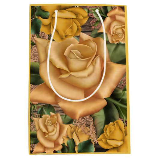 イエローローズ&カントリー素朴ウッドシャビーシック ミディアムペーパーバッグ (正面)