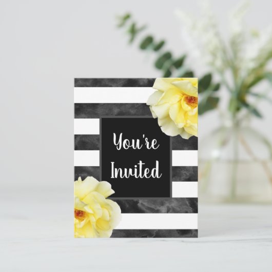 イエローローズ、白黒水彩ストライプ色 招待状 (スタンド正面)