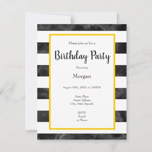 イエローローズ、白黒水彩ストライプ色 招待状 (裏面)