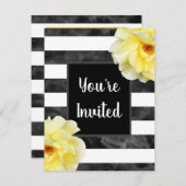 イエローローズ、白黒水彩ストライプ色 招待状 (正面/裏面)