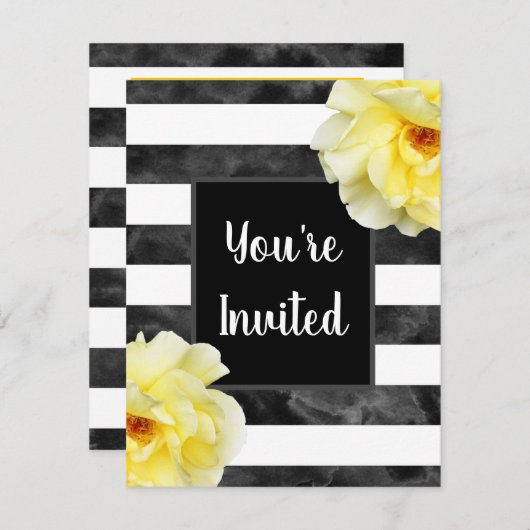 イエローローズ、白黒水彩ストライプ色 招待状 (正面/裏面)