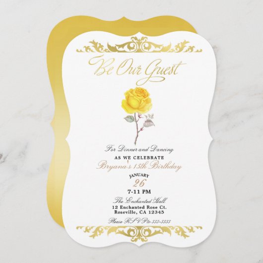 イエローローズ&金ゴールドエレガントバースデーパーティー 招待状 (正面/裏面)