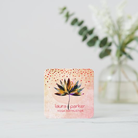 イエローロータスウォーターカラーヨガマッサージセラピスト スクエア名刺 (スタンド正面)