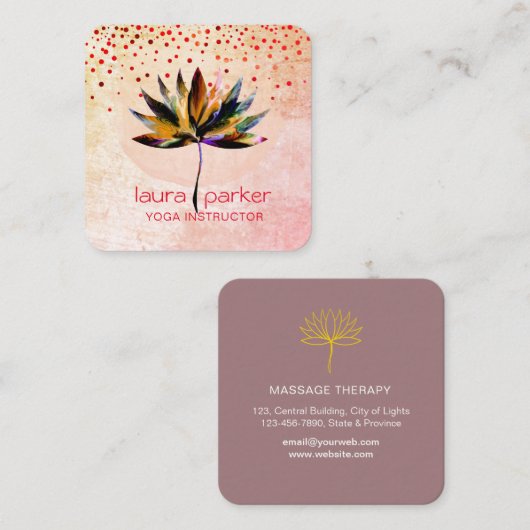 イエローロータスウォーターカラーヨガマッサージセラピスト スクエア名刺 (正面/裏面)