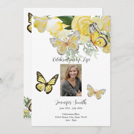 イエローローローズバタフライ葬式招待状発表 招待状 (正面/裏面)