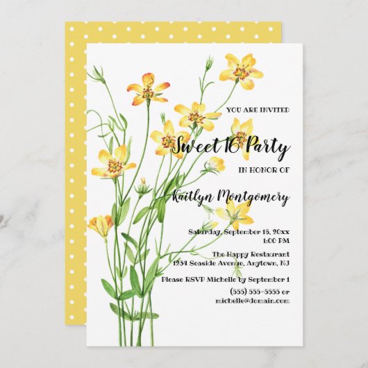 イエローワイルドフラワーズスウィート16誕生日パーティー 招待状 (正面/裏面)