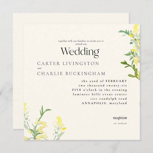 イエローワイルドフラワーズモノグラムIIスクエア結婚ズ 招待状 (正面/裏面)